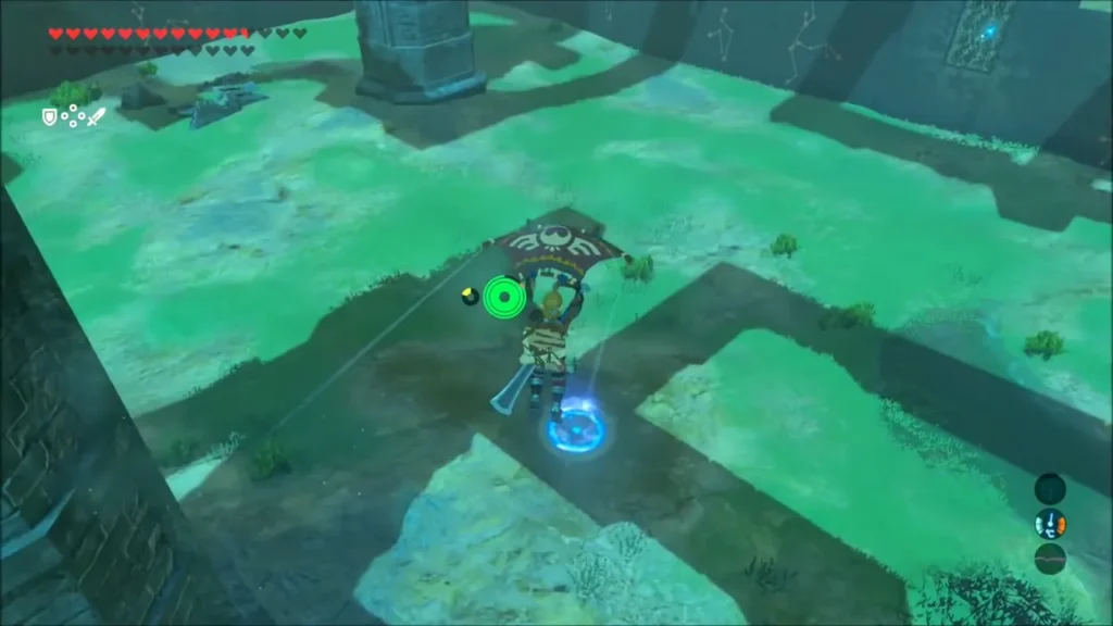 Link gliding down toward the exit platform on Floor 21 Link gliding down toward the exit platform on Floor 21