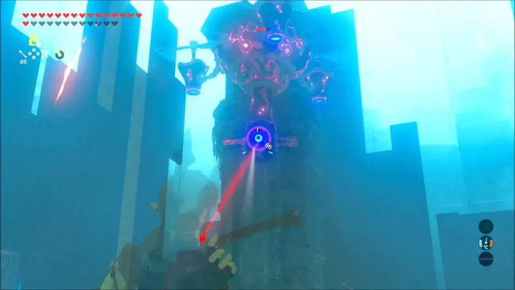 Link aiming a bow at the glowing eye of a Skywatcher from below Link aiming a bow at the glowing eye of a Skywatcher from below