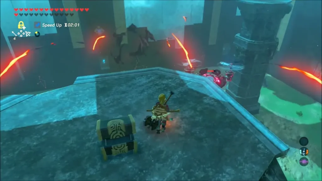 Link standing beside a chest on top of a tower as a Skywatcher hovers nearby Link standing beside a chest on top of a tower as a Skywatcher hovers nearby