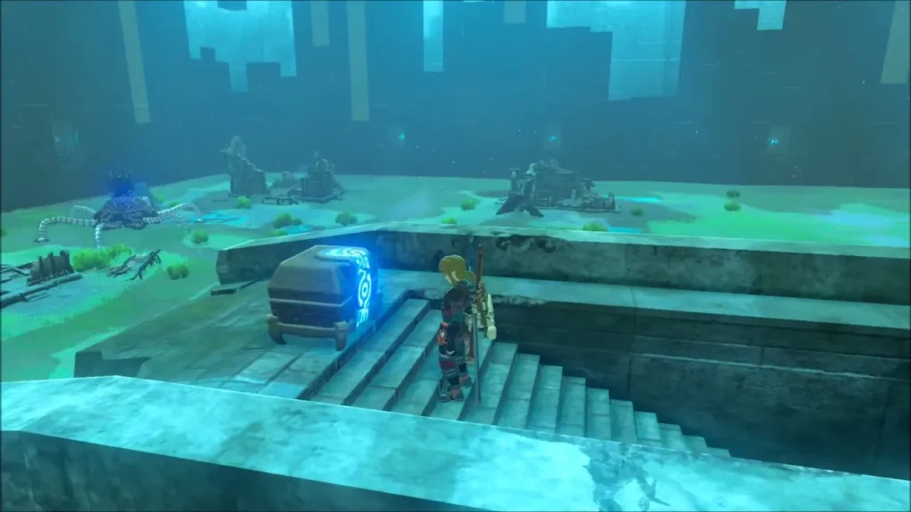 Link on stairs beside a glowing chest overlooking the ruined settlement Link on stairs beside a glowing chest overlooking the ruined settlement