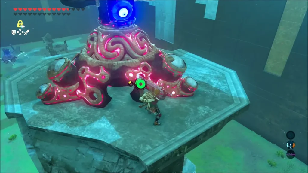 Link facing a Guardian Turret on top of a stone tower Link facing a Guardian Turret on top of a stone tower