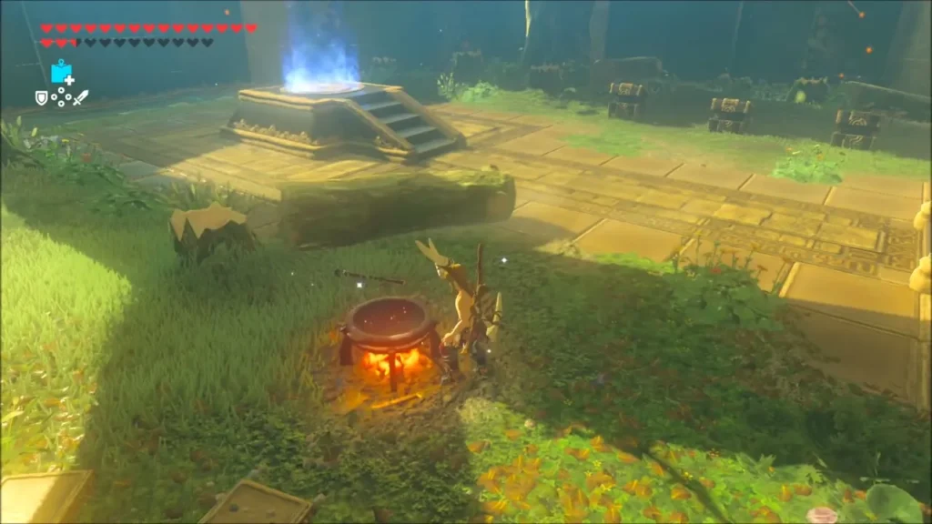 Link crouching at a lit cooking pot beside the glowing portal Link crouching at a lit cooking pot beside the glowing portal