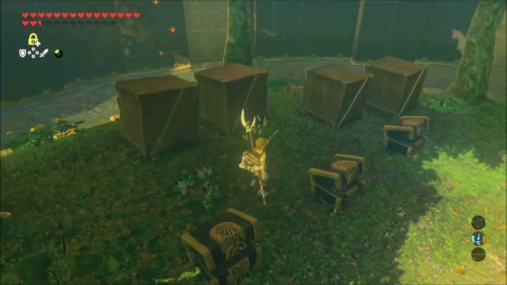 Link among wooden crates and chests in the grassy rest garden Link among wooden crates and chests in the grassy rest garden