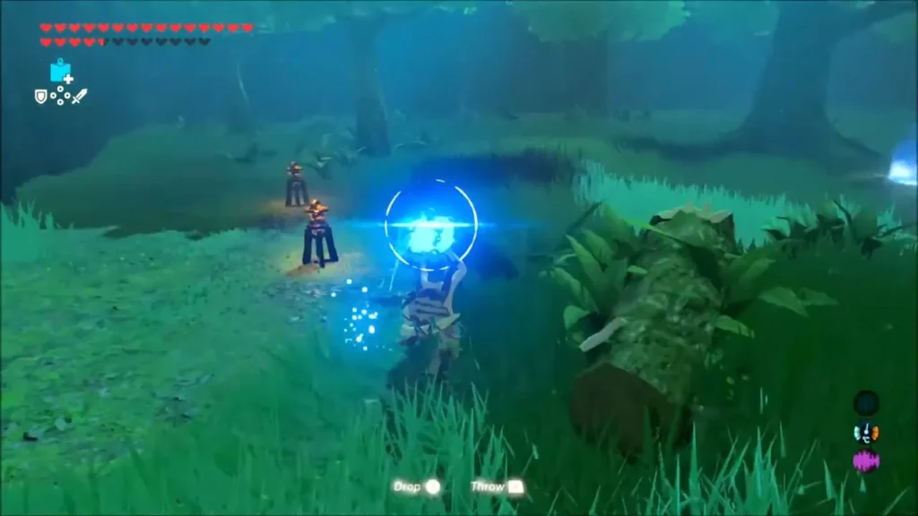 Link lifting an object with Magnesis near a torch-lit enemy camp in the forest Link lifting an object with Magnesis near a torch-lit enemy camp in the forest