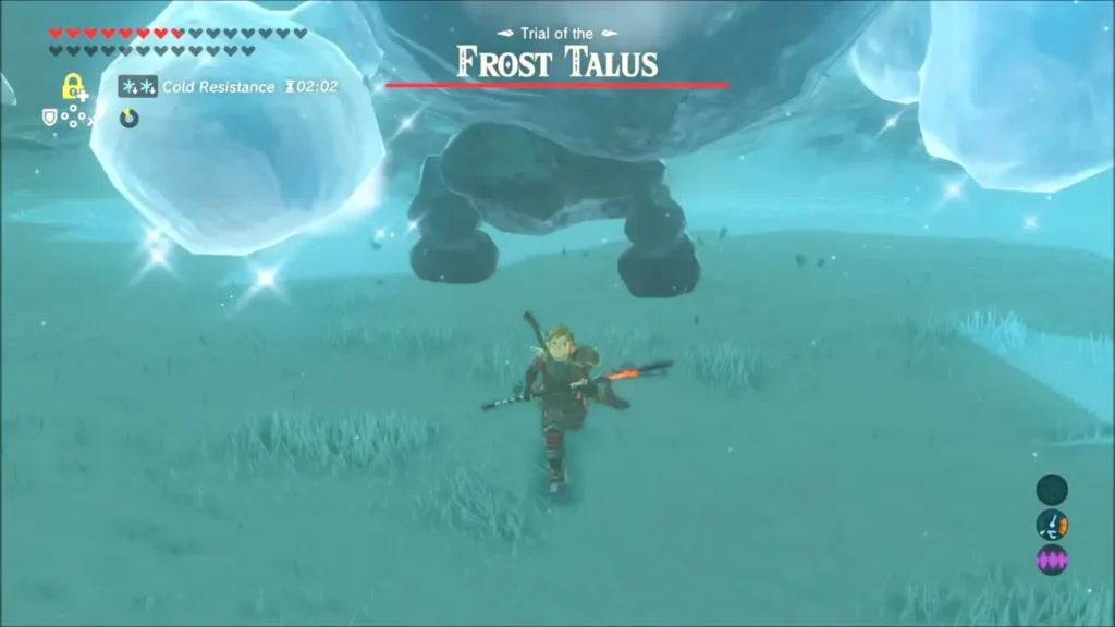 Link running toward the Frost Talus with its health bar and ice blocks around the arena Link running toward the Frost Talus with its health bar and ice blocks around the arena