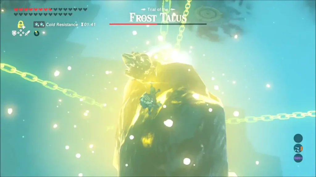 Link hitting the glowing ore on the Frost Talus's back while chains light up Link hitting the glowing ore on the Frost Talus's back while chains light up