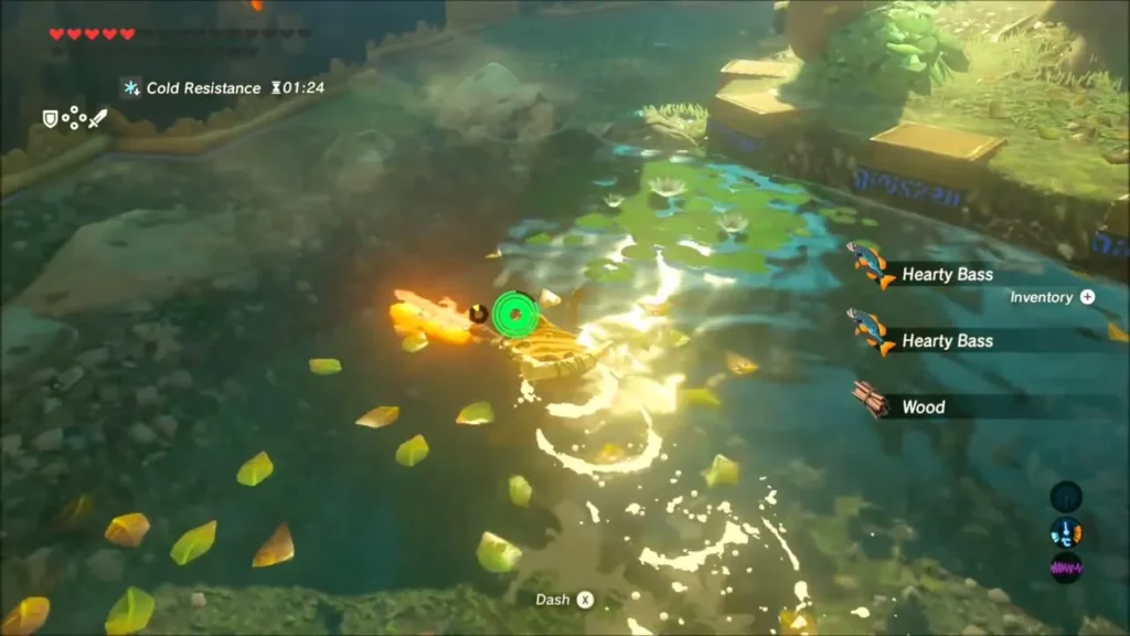 Link swimming in the garden pond and catching Hearty Bass Link swimming in the garden pond and catching Hearty Bass