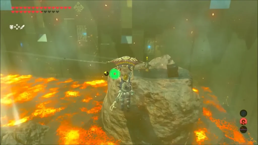 Link gliding onto a rock surrounded by lava Link gliding onto a rock surrounded by lava