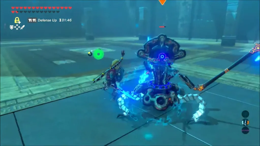 Link dodging a Guardian Scout wielding a glowing blade Link dodging a Guardian Scout wielding a glowing blade