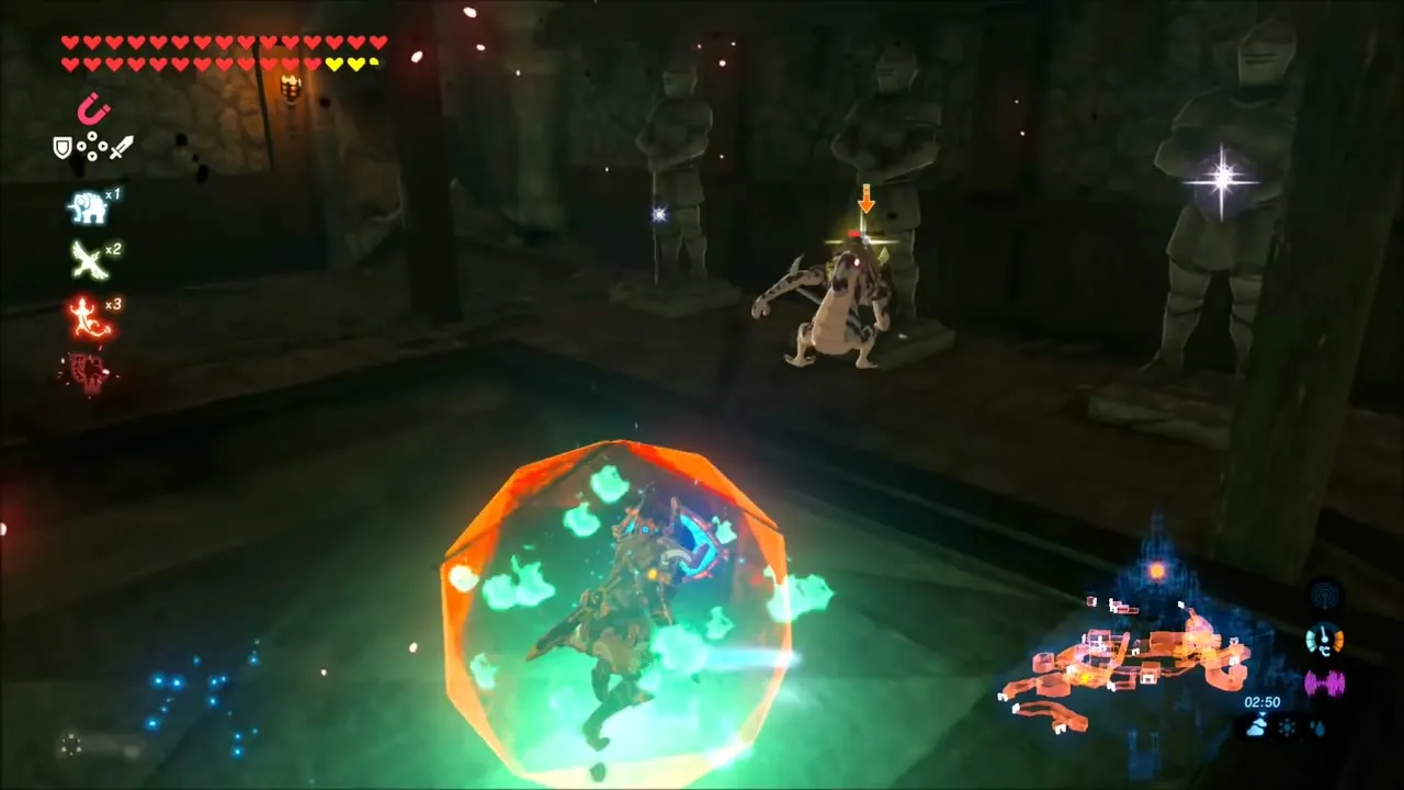 Link blocking with a Perfect Guard bubble among armor statues in the Guards' Chamber Link blocking with a Perfect Guard bubble among armor statues in the Guards' Chamber