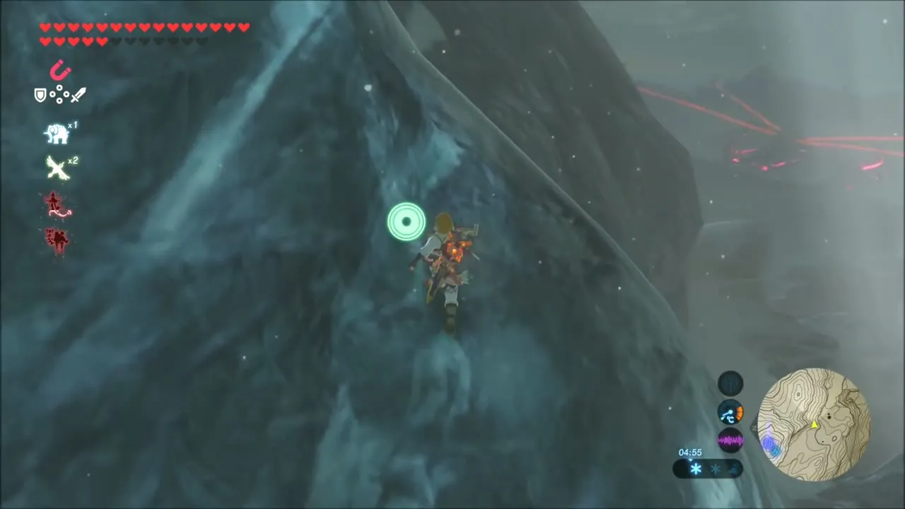 Link climbing an icy cliff on Hebra Peak with red beams in the distance Link climbing an icy cliff on Hebra Peak with red beams in the distance