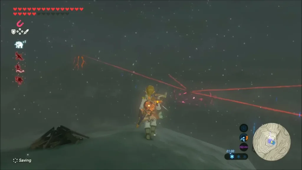 Link on the snowy summit with red beams crossing the sky Link on the snowy summit with red beams crossing the sky
