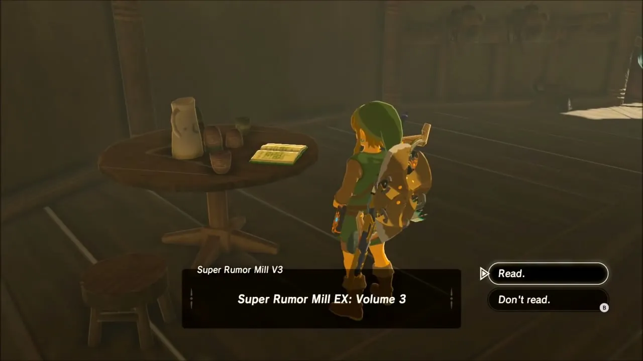 Link at the table in Highland Stable about to read the Super Rumor Mill book Link at the table in Highland Stable about to read the Super Rumor Mill book