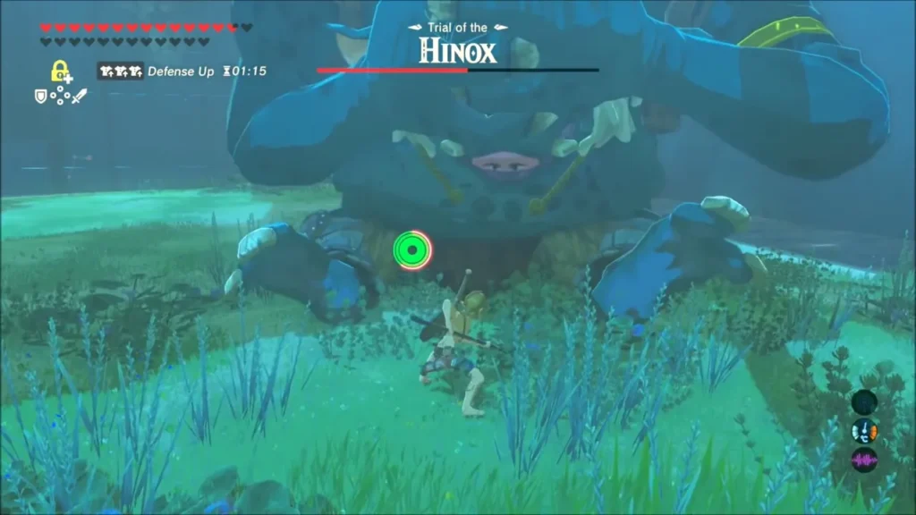 Link beneath the Hinox with its health bar showing in the Trial of the Hinox Link beneath the Hinox with its health bar showing in the Trial of the Hinox