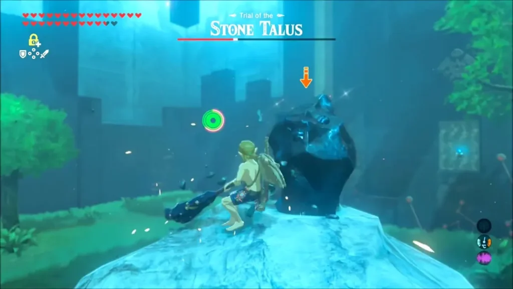 Link striking the Talus ore deposit with a club on its back Link striking the Talus ore deposit with a club on its back