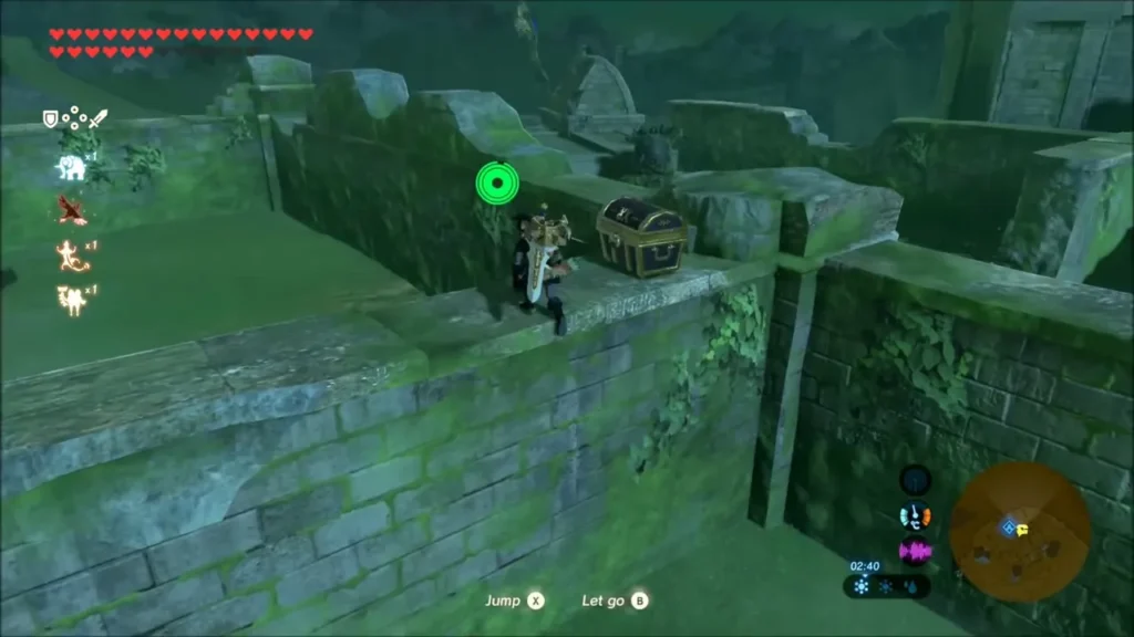 Link climbing a ruined wall toward the EX chest near Ja Baij Shrine Link climbing a ruined wall toward the EX chest near Ja Baij Shrine