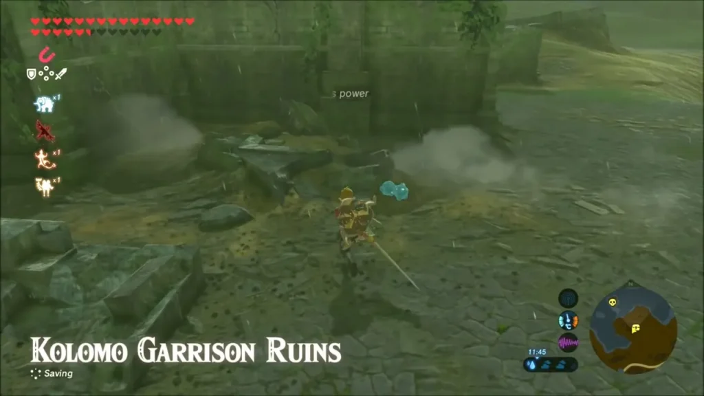 Link arriving at Kolomo Garrison Ruins, with the location name on screen Link arriving at Kolomo Garrison Ruins, with the location name on screen