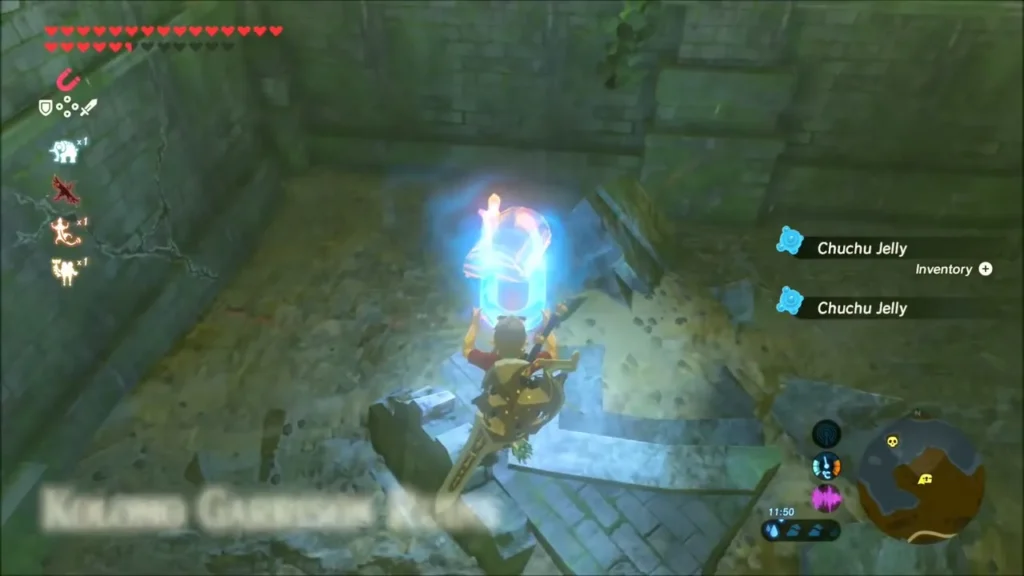 Link lifting the buried chest out of the rubble with Magnesis Link lifting the buried chest out of the rubble with Magnesis