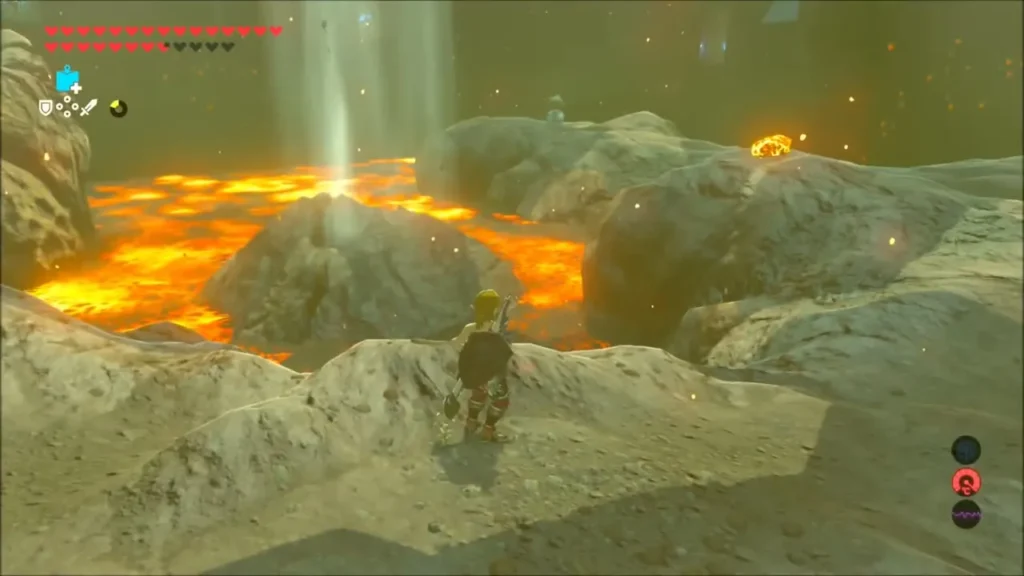 Link on a rock island looking over a lava sea with updrafts Link on a rock island looking over a lava sea with updrafts