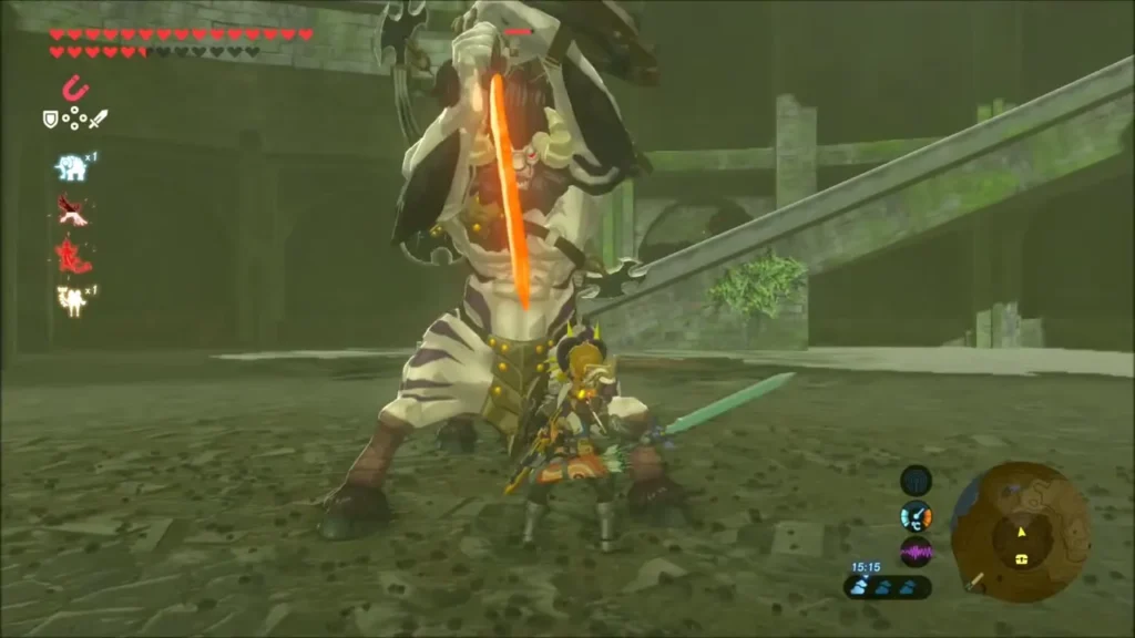 A Lynel raising its flaming sword over Link in the arena A Lynel raising its flaming sword over Link in the arena