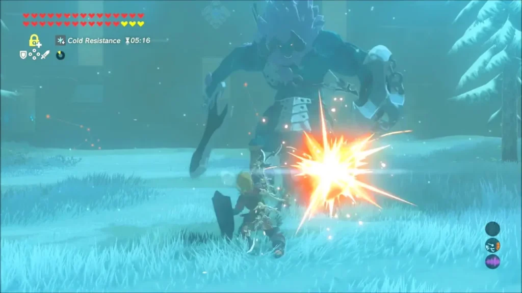 Link dodging a Blue-Maned Lynel's swing in the snow as an attack lands Link dodging a Blue-Maned Lynel's swing in the snow as an attack lands