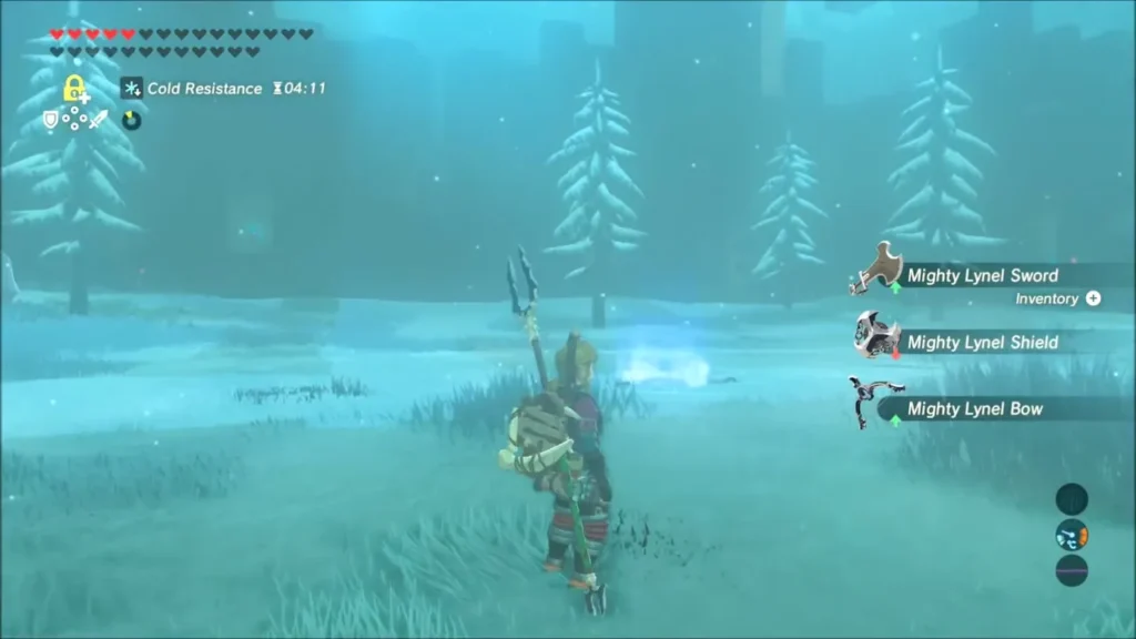 Link collecting a Mighty Lynel Sword, Shield and Bow after the Lynel falls Link collecting a Mighty Lynel Sword, Shield and Bow after the Lynel falls