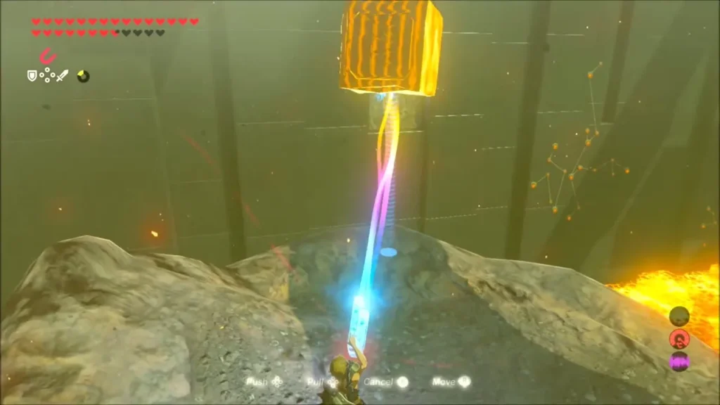 Link using Magnesis to lift a metal cube above the lava Link using Magnesis to lift a metal cube above the lava