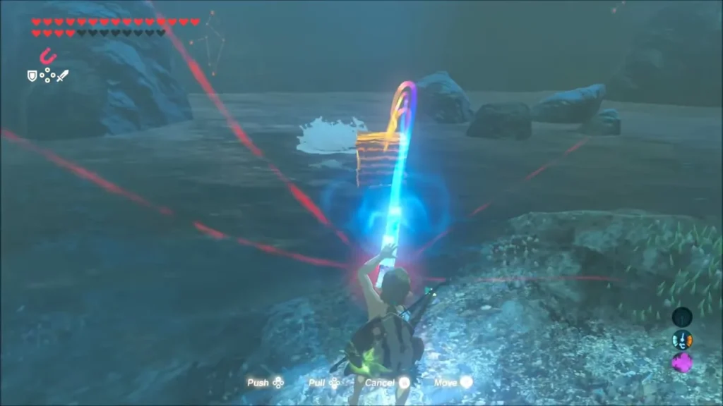 Link using Magnesis to drag a metal crate across the water Link using Magnesis to drag a metal crate across the water
