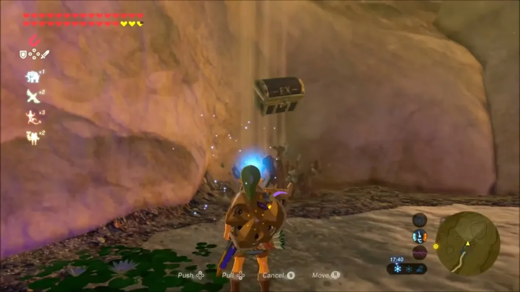 Link using Magnesis to lift the EX chest in Malanya Spring Link using Magnesis to lift the EX chest in Malanya Spring