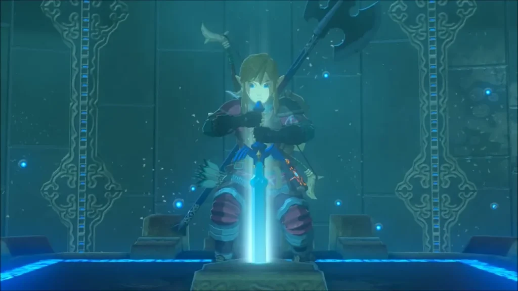 Link kneels at the pedestal as the Master Sword glows blue Link kneels at the pedestal as the Master Sword glows blue