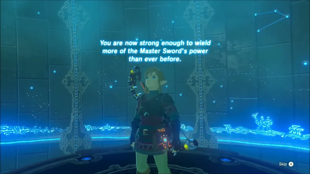 Link before the Master Sword pedestal as a voice speaks of its power Link before the Master Sword pedestal as a voice speaks of its power