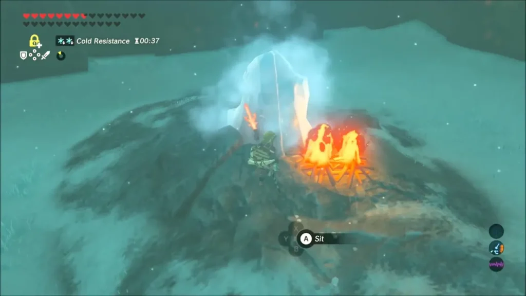 Link burning an ice block on a rocky mound to melt it and free the updraft Link burning an ice block on a rocky mound to melt it and free the updraft