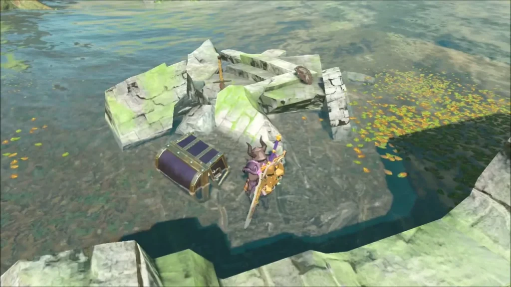 Chest sitting in shallow water among fallen stone blocks Chest sitting in shallow water among fallen stone blocks