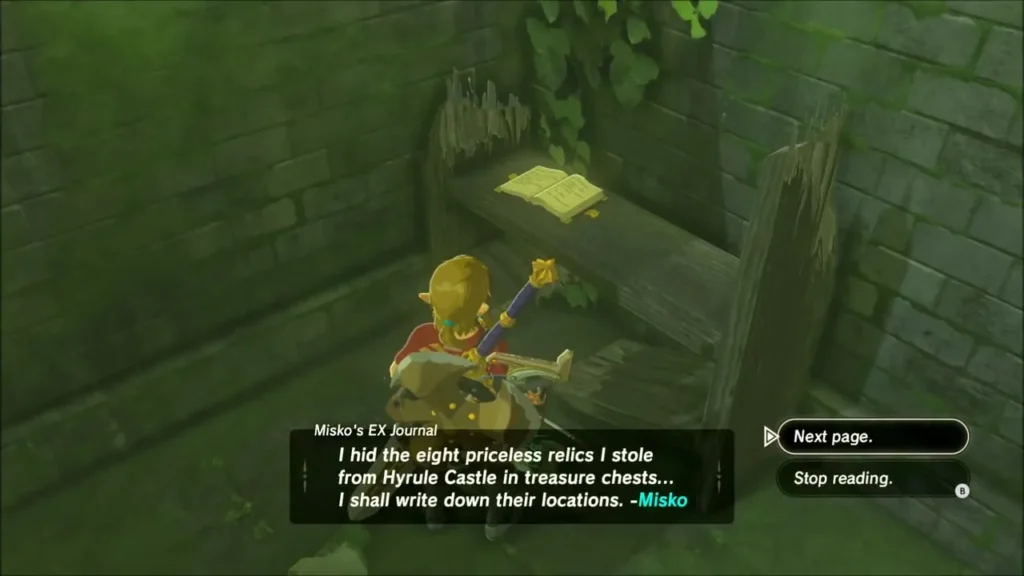 Link reading Misko's EX Journal on the wooden bench, first page about eight stolen relics Link reading Misko's EX Journal on the wooden bench, first page about eight stolen relics