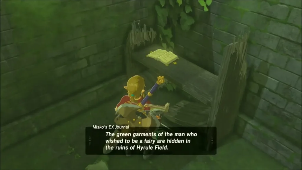 Misko's EX Journal page about the green garments hidden in the ruins of Hyrule Field Misko's EX Journal page about the green garments hidden in the ruins of Hyrule Field