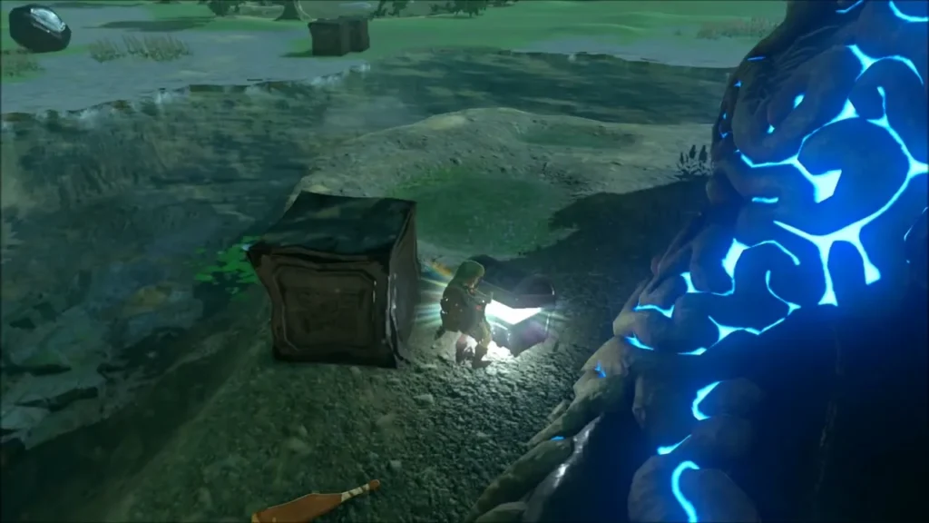 Link opening the glowing chest next to a crate at Oman Au Shrine Link opening the glowing chest next to a crate at Oman Au Shrine