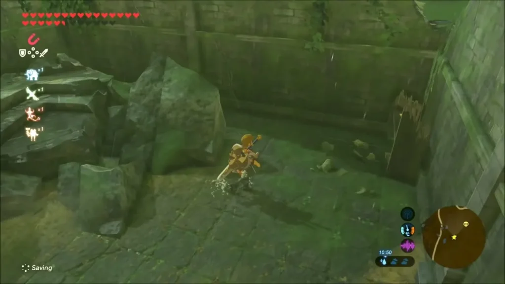 Link dropping into the sunken stone corner of Outpost Ruins in the rain Link dropping into the sunken stone corner of Outpost Ruins in the rain