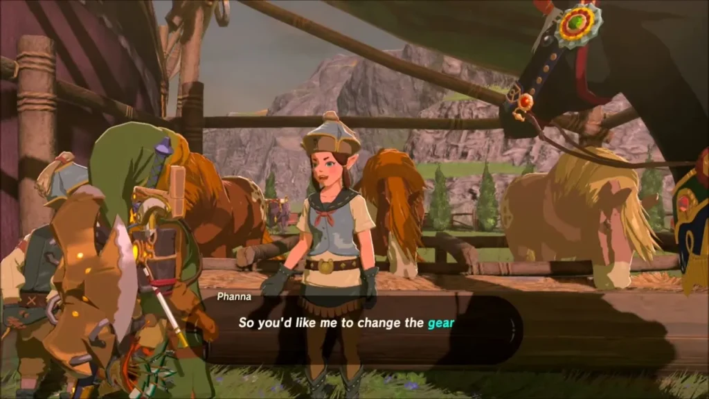 Phanna asking if Link wants the gear changed, with horses behind Phanna asking if Link wants the gear changed, with horses behind