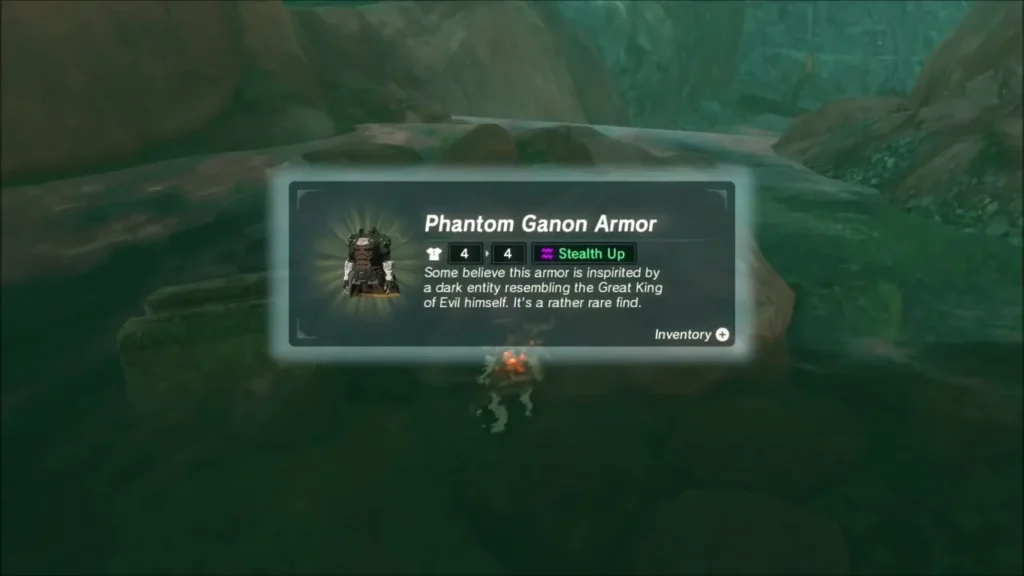 Link receiving the Phantom Ganon Armor with Stealth Up at Sarjon Bridge Link receiving the Phantom Ganon Armor with Stealth Up at Sarjon Bridge