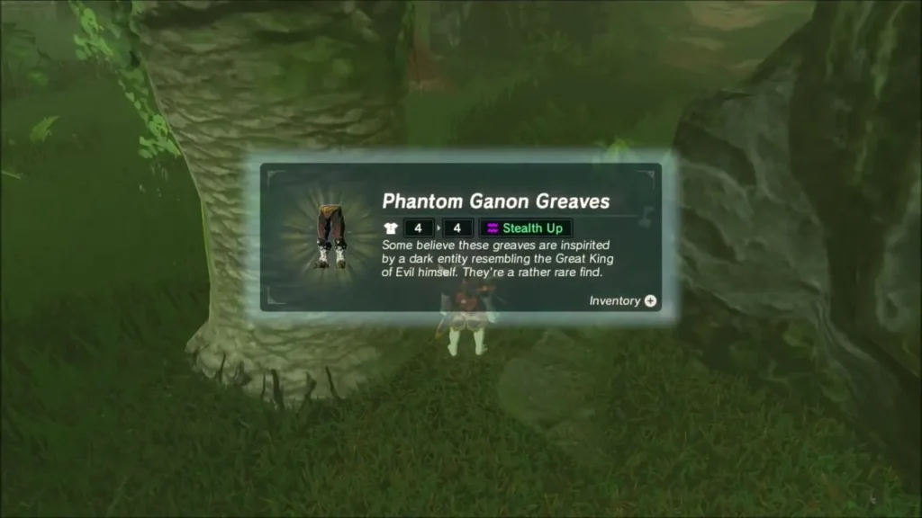 Link receiving the Phantom Ganon Greaves with Stealth Up in the Faron jungle Link receiving the Phantom Ganon Greaves with Stealth Up in the Faron jungle