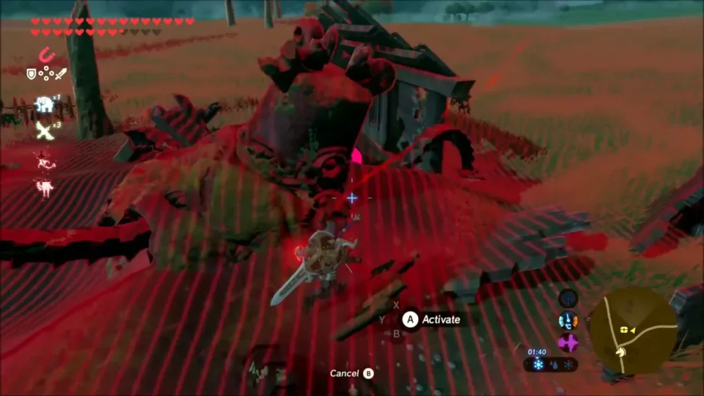 Link aiming Magnesis at a chest beneath wreckage in Hyrule Garrison Ruins Link aiming Magnesis at a chest beneath wreckage in Hyrule Garrison Ruins