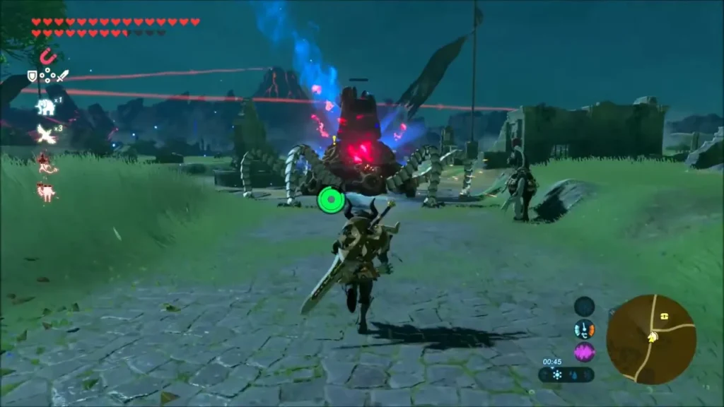 Link running toward a Guardian at night on the road to Hyrule Garrison Ruins Link running toward a Guardian at night on the road to Hyrule Garrison Ruins