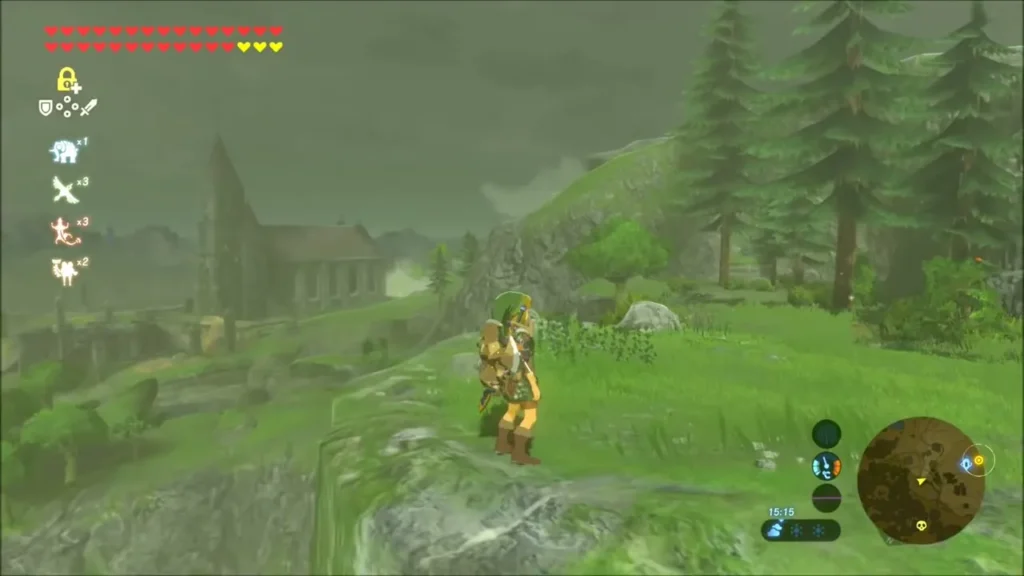 Link on the Great Plateau cliff with the ruined chapel behind him Link on the Great Plateau cliff with the ruined chapel behind him