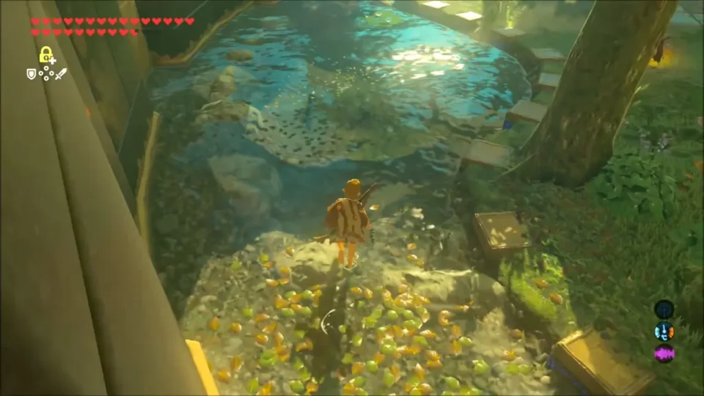 Link standing by the fishing pond in the rest room of the Trial of the Sword Link standing by the fishing pond in the rest room of the Trial of the Sword