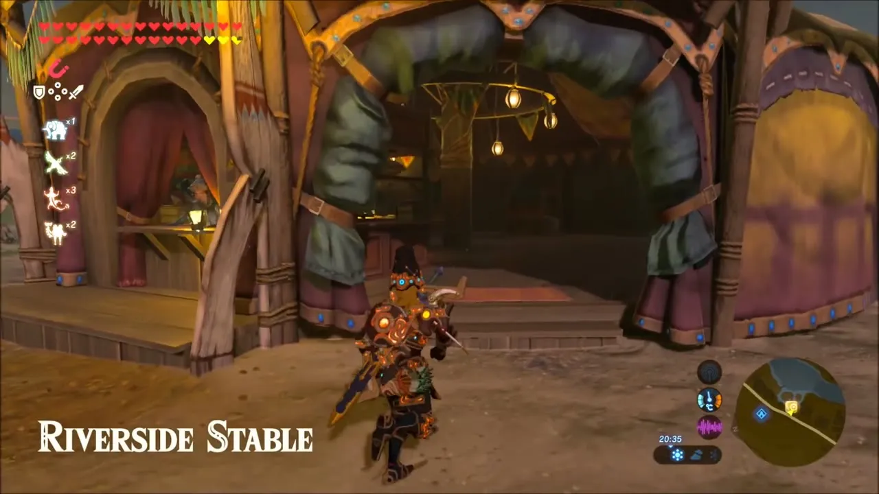 Link in Royal Guard armor walking into Riverside Stable at dusk Link in Royal Guard armor walking into Riverside Stable at dusk