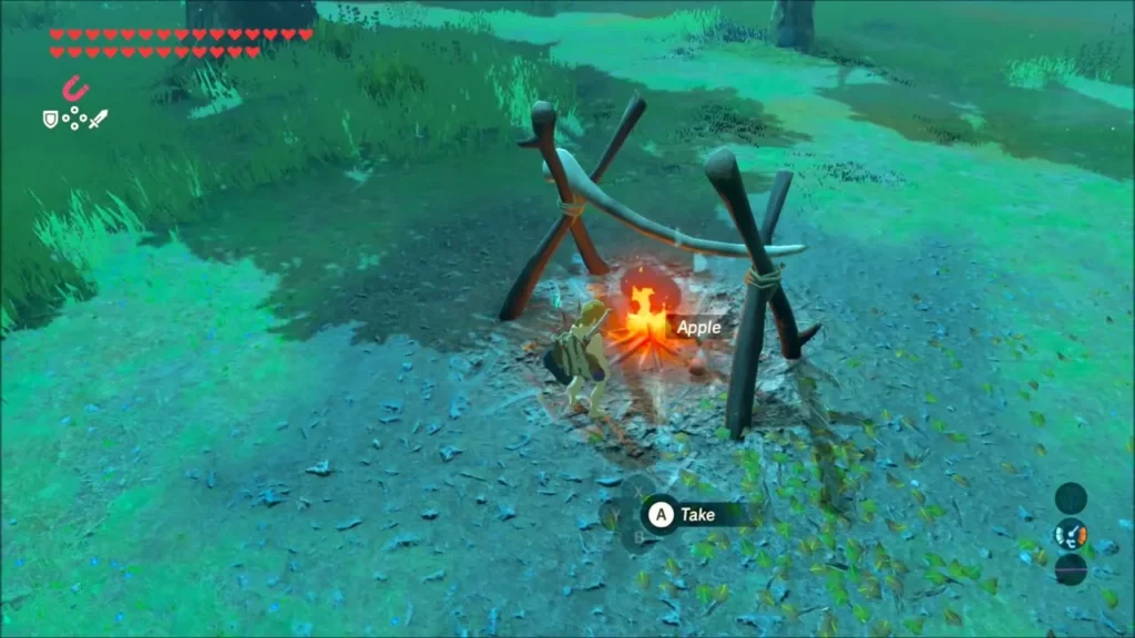 Link roasting an apple over a campfire in the forest clearing Link roasting an apple over a campfire in the forest clearing