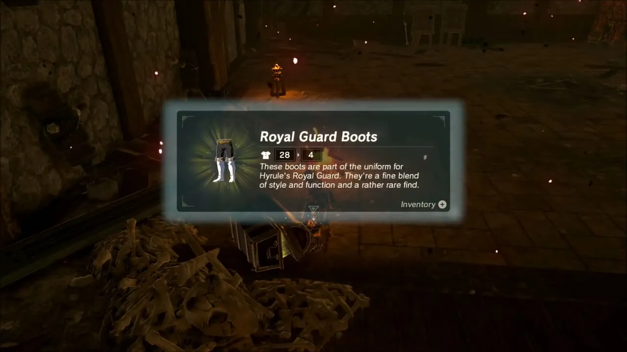 The Royal Guard Boots item box shown over the chest and pile of bones The Royal Guard Boots item box shown over the chest and pile of bones