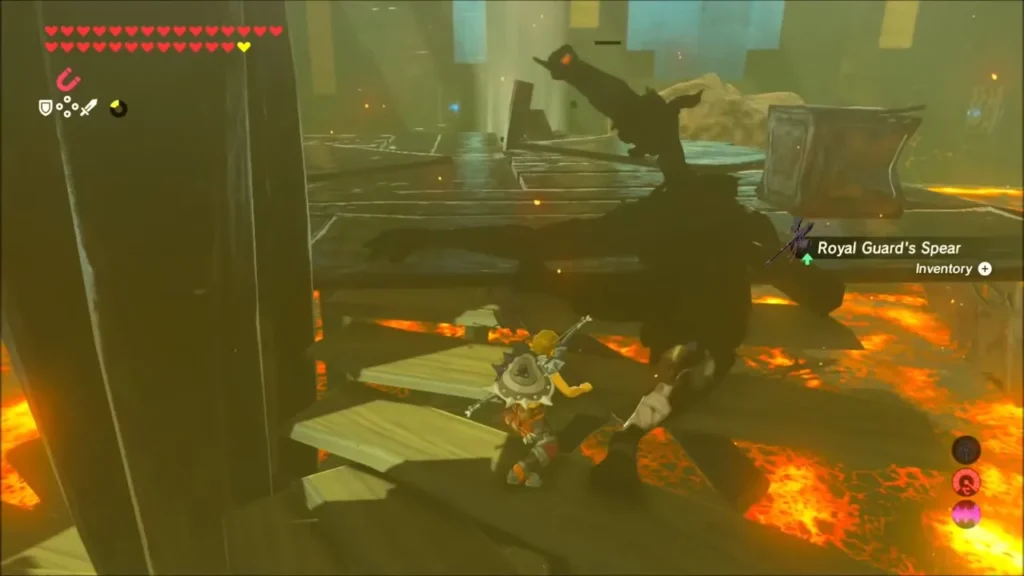 Link picking up a Royal Guard's Spear beside a fallen Moblin Link picking up a Royal Guard's Spear beside a fallen Moblin