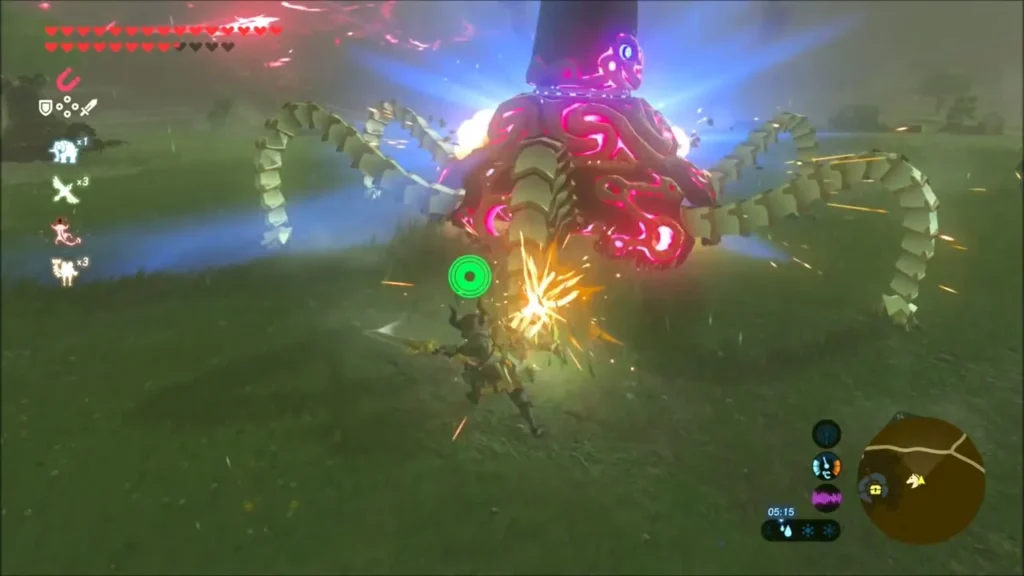 Link striking a Guardian with sparks flying in the rain Link striking a Guardian with sparks flying in the rain