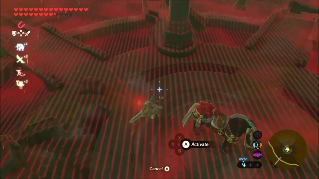 Link using Magnesis on a slab over the flooded stairs Link using Magnesis on a slab over the flooded stairs